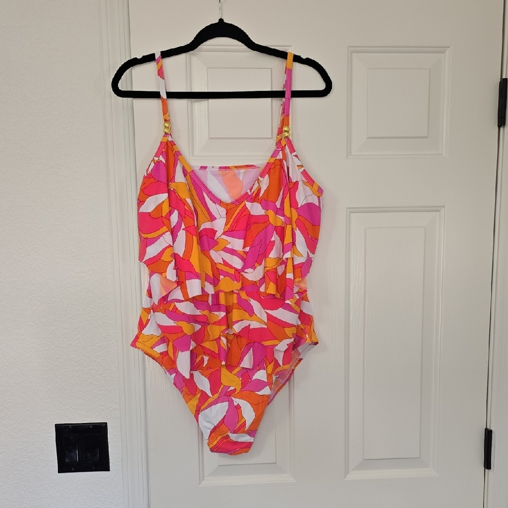 Beyond Cintrol Vibrant Pink and Orange Swimsuit Sz 14 Nwot